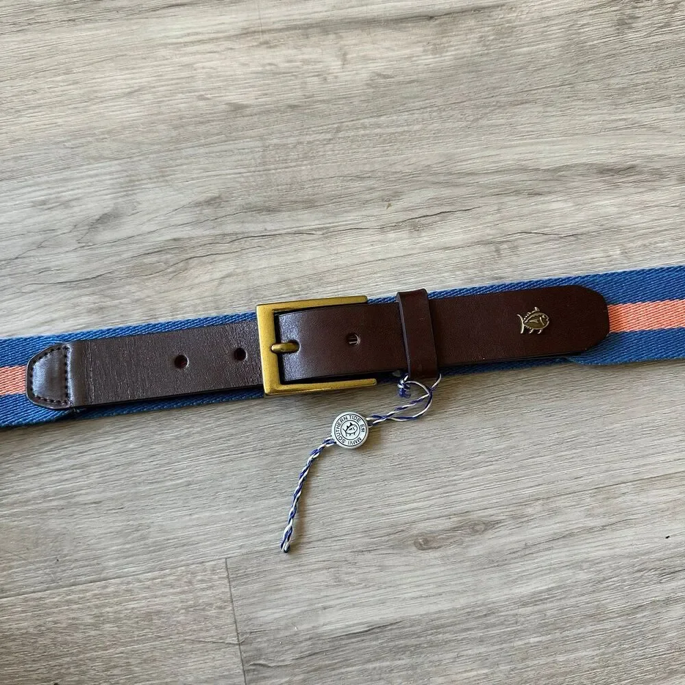 Southern Tide Blue & Orange Striped Woven Cotton Fabric Belt Dark Brown Leather